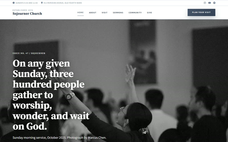 Sojourner website design example, desktop view
