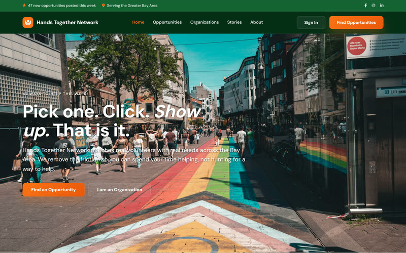 Volunteer website design example, desktop view
