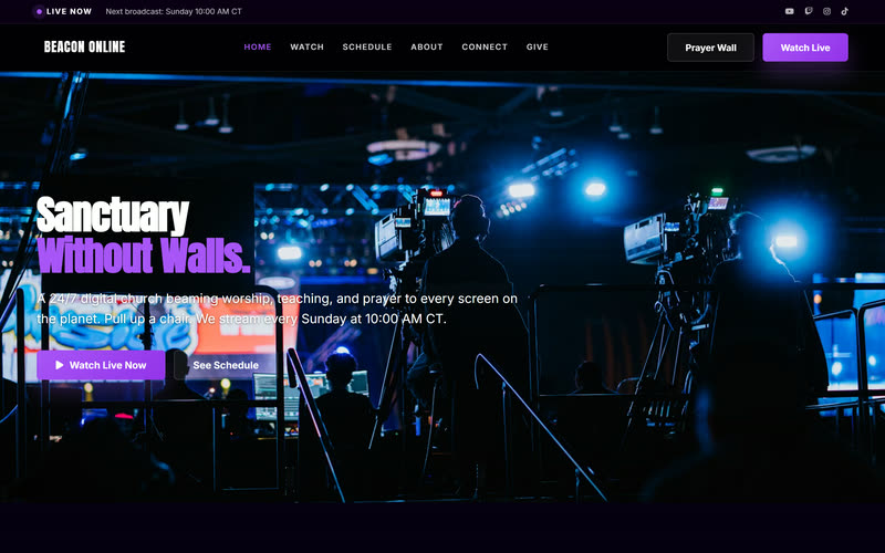 Live Stream website design example, desktop view