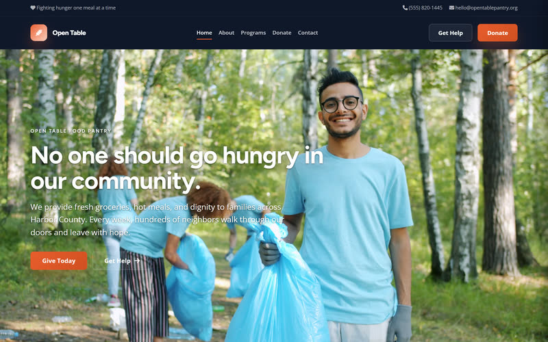 Food Pantry website design example, desktop view