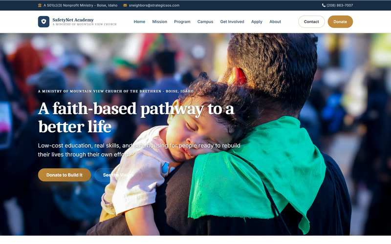 SafetyNet Academy website design example, desktop view