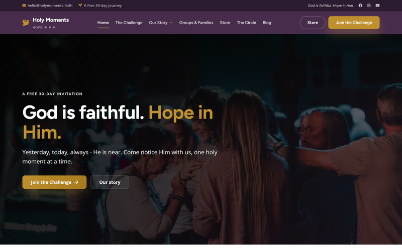 Holy Moments website design example, desktop view